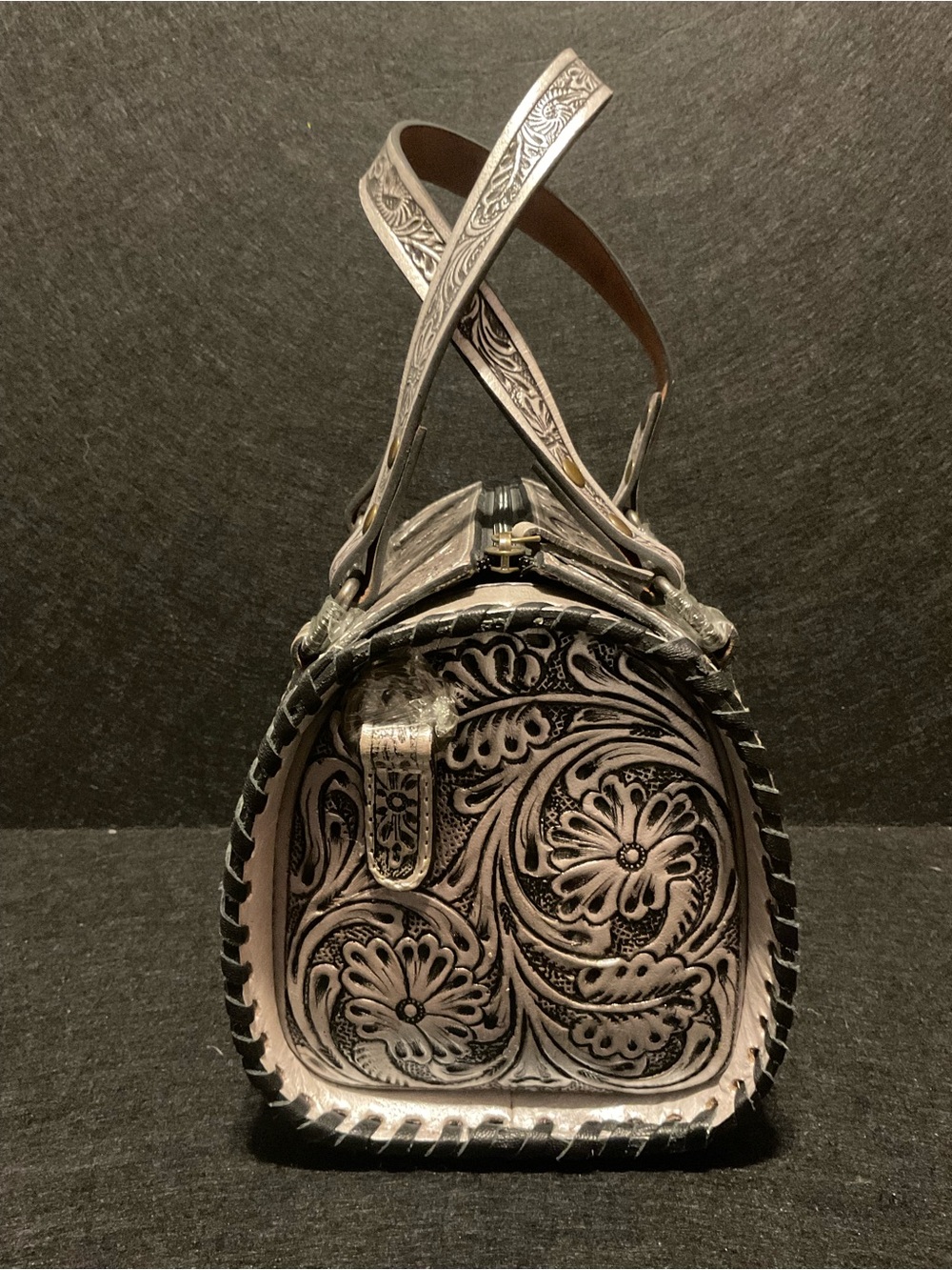 Silver Small Tooled Western Floral Leather Speedy w/adjustable detachable strap - Picture 8 of 9